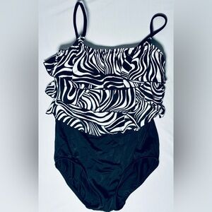 Longitude Y2K Zebra Print Flounce Top One Piece Swimsuit Women's 10 Very Good
